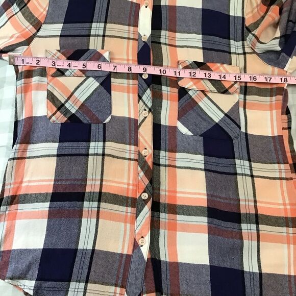 GUESS Plaid Button Down Shirt Women’s Small Ecru Pink Blue Peach Rayon Blend - Picture 7 of 11